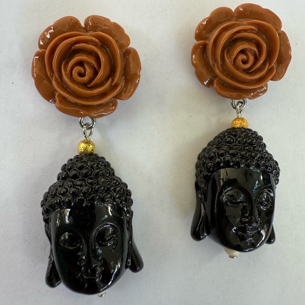 Buddha coffee latte rose post earrings black head zen namaste practice yoga gift